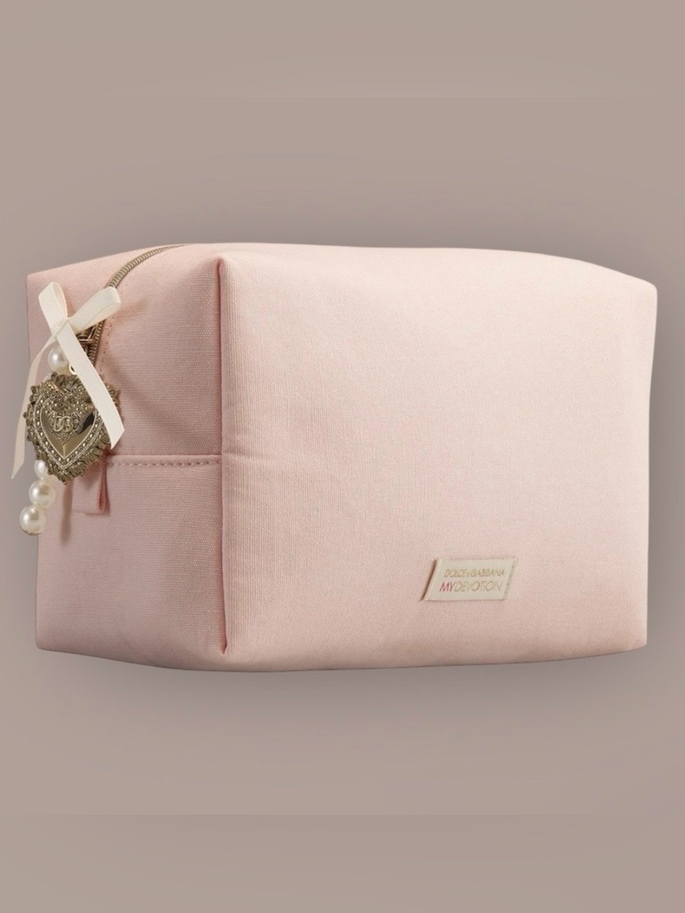 Dolce & Gabbana MY DEVOTION Pink Makeup Bag Gold heart, Pearl & Bow Zipper Pull
